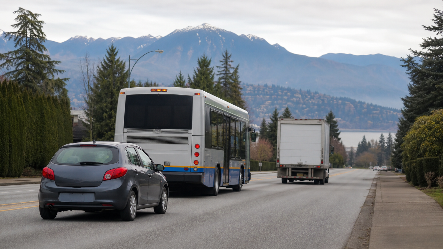 A learner car keeps space behind a bus and delivery truck on a British Columbia road with mountains in the background
