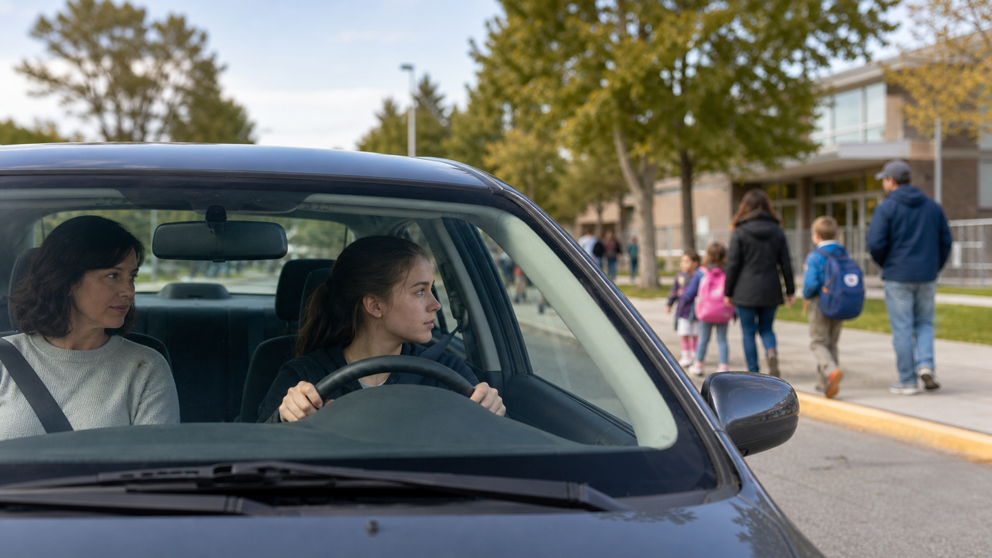 A supervised BC learner driver watching children on a sidewalk near a school-area street.